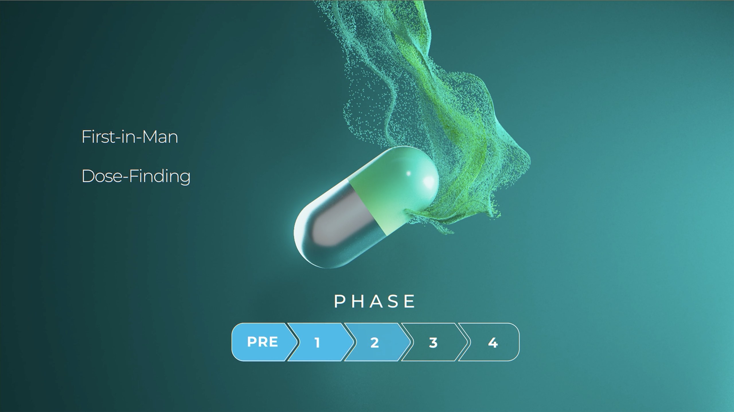 3d animation of Pill transforming into green and blue particles with clinical stages.jpg